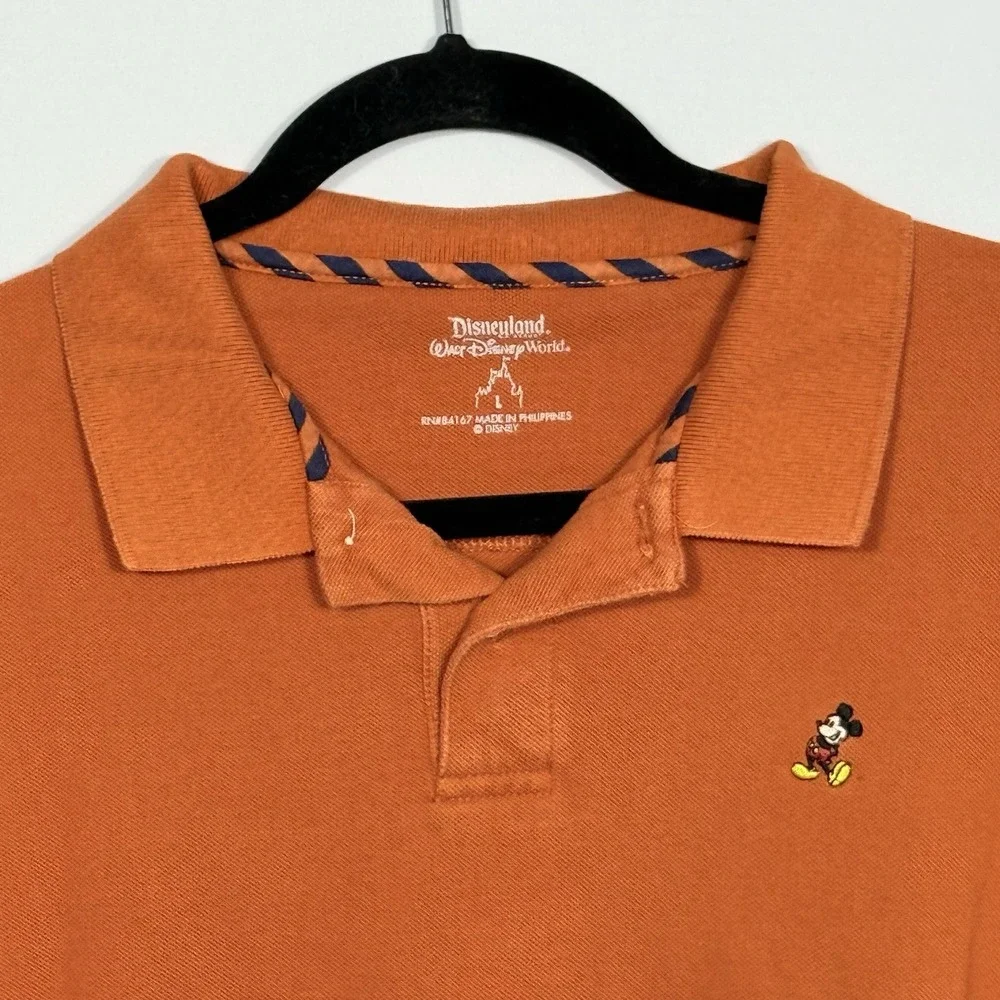 Disney Parks Polo Shirt Mens L Orange Mickey Mouse Embroidered‎ Short Sleeve